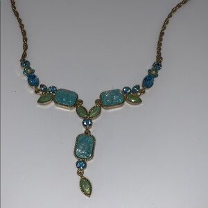 Powder Blue, Gold Stone & Crystal Necklace